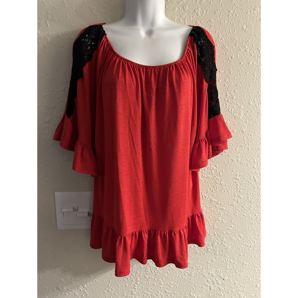 J&M Clothing Co. Women Red Lace Shoulder Ruffle Blouse Top 2X #993*9